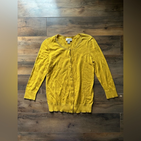 LOFT Mustard Yellow Cardigan Sweater Cotton Button Front Preppy Chic S - Picture 3 of 5